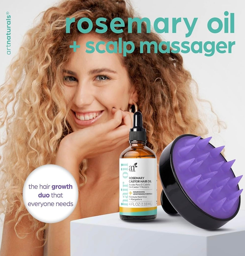 ArtNaturals Organic Rosemary & Castor Hair Growth Oil + Scalp Massager Set – Hair Styling Oils for Dry, Itchy Scalp, Thickening & Hydration - Scalp Oil Products For Damaged Hair & Split Ends – 4.0 oz