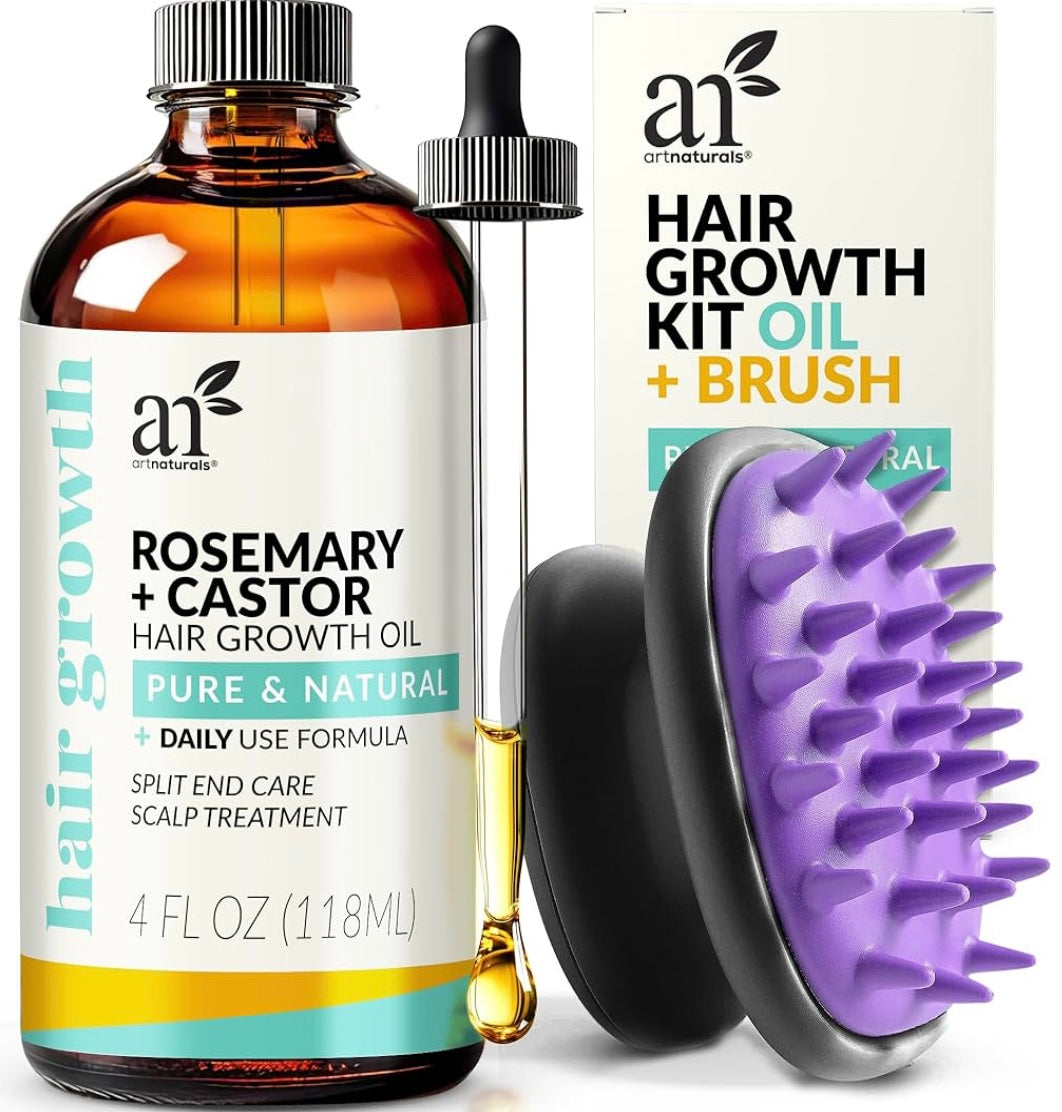 ArtNaturals Organic Rosemary & Castor Hair Growth Oil + Scalp Massager Set – Hair Styling Oils for Dry, Itchy Scalp, Thickening & Hydration - Scalp Oil Products For Damaged Hair & Split Ends – 4.0 oz