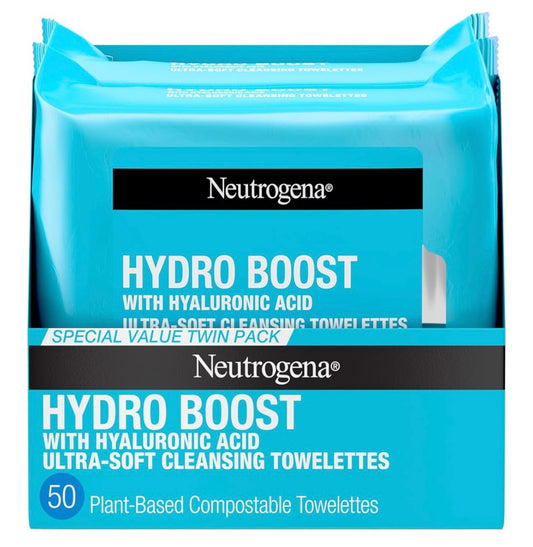 Neutrogena Hydro Boost Face Wipes + Hyaluronic Acid, Hydrating Makeup Remover Wipes Remove Dirt & Waterproof Makeup, Hypoallergenic, 100% Plant-Based Cloth, 2 x 25 ct